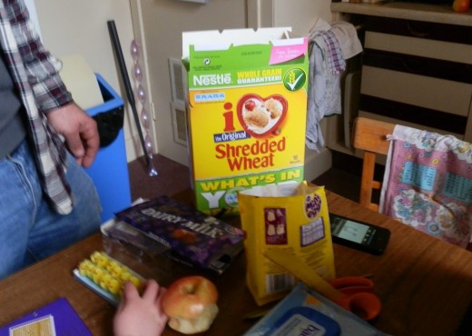 shredded wheat, large bar of chocolate, mini eggs and chicks