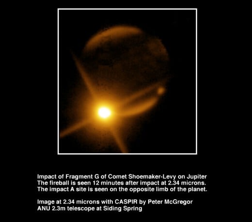 One of the most spectacular images of the fragments of comet Shoemaker-Levy 9 striking Jupiter. That fireball is bigger than Earth.