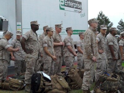 U.S.Marines forming for roll call moments before boarding a bus to deploy on the USS Bataan for 11 months.  
