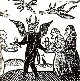 Illustration circa 1561 of witches bringing children to the Devil