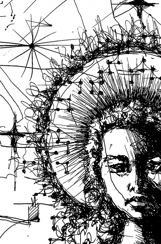 "Childhood" by Wissam Shekhani; black ink on paper.