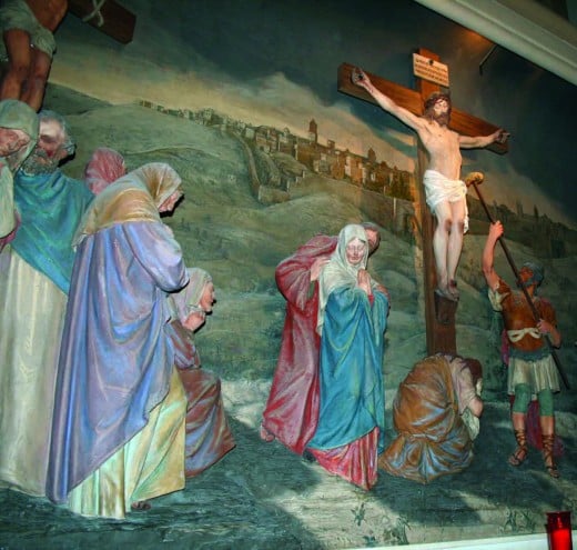 The life-size diorama of the cricifixion is at the exact distance and elevation from the tomb as is the original.