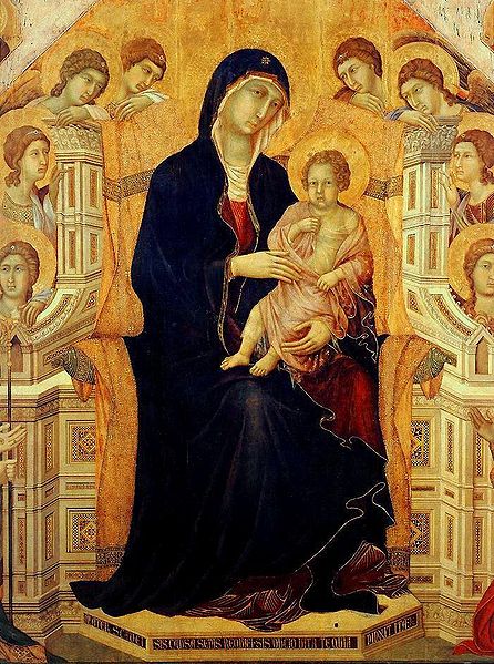 A close up on the front of the Maesta, featuring Mary with the Christ child. 