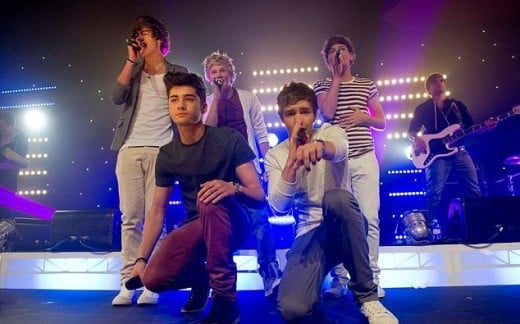 One Direction performing in Sydney. Back l-r Harry Styles, Niall Horan and Louis Tomlinson. Front l-r Zayn Malik and Liam Payne