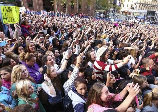 One Direction female fans outside the Channel 7 studio in Sydney, Australia. Security had to be called to control the hundreds of girls who had come to see the boy band.