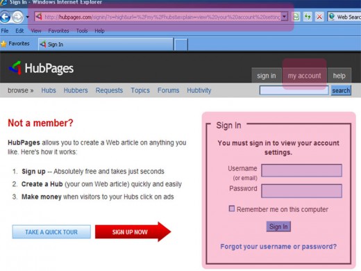How to log-in "hubpages" account [marked with pink color]