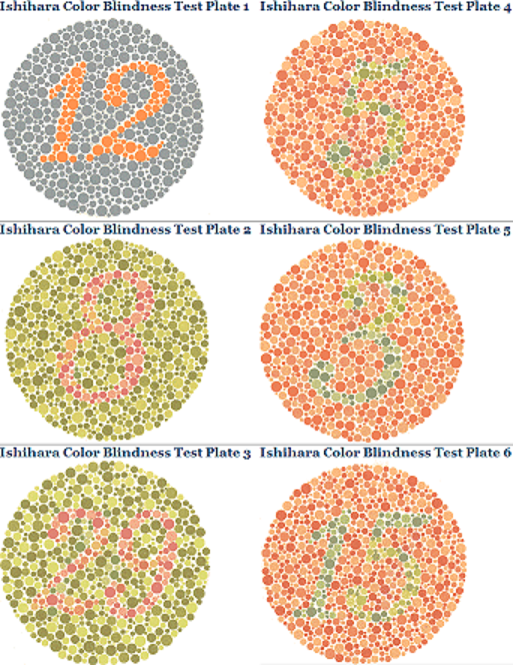 The Ishihara Color Blindness  Test, provides plates in several color and shade variations  to test for the type and extent of color vision problems.