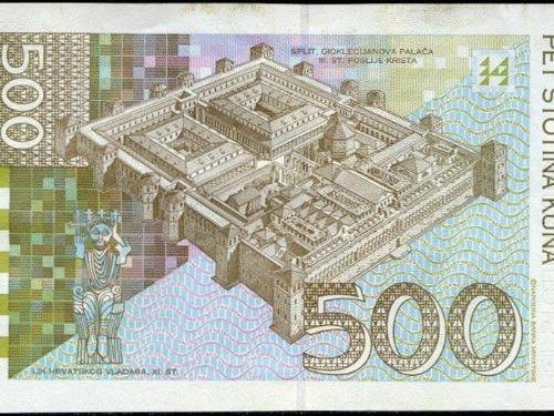 On the back side of the 500 Croatian Kuna note is a picture of the Ancient Diocletian's Palace.  Built in 300 A.D., it was patterned after a Roman army camp with two main roads intersecting in the middle, four sections and sixteen towers.