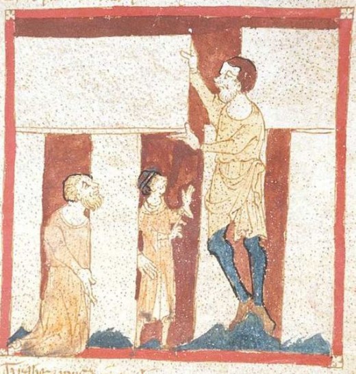 A Giant helps Merlin reconstruct Stonehenge in Britain. Illustration from Wace's manuscript, "Roman de Brut."