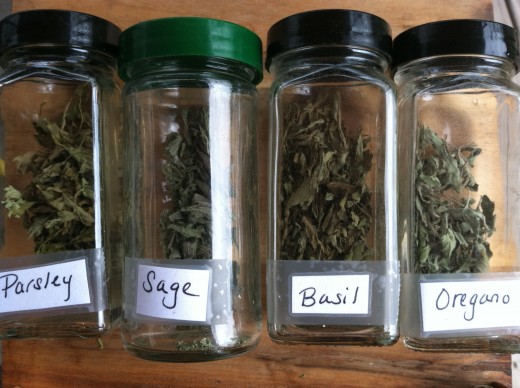 Store dried herbs in an air-tight container, such as a recycled glass spice jar