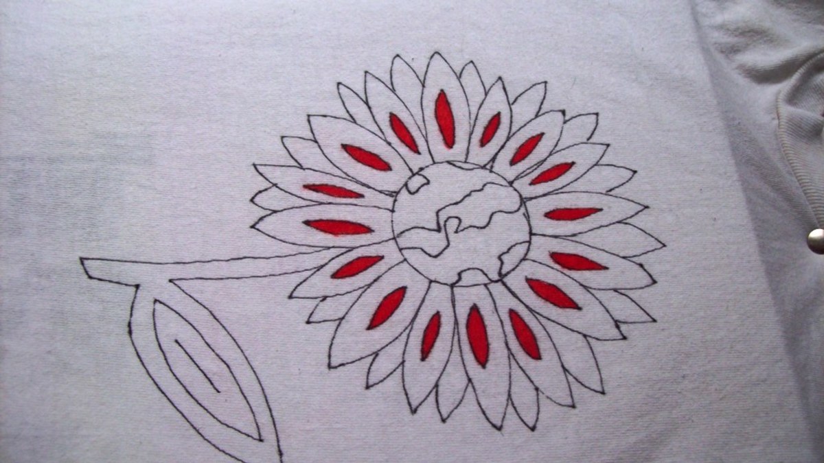 Begin coloring.  I started with the small petals - I chose a small space to get a feel for how the markers would react on the fabric.