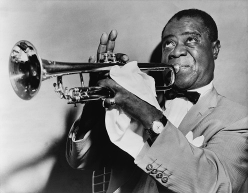 Louis Armstrong, his trumpet and his handkerchief