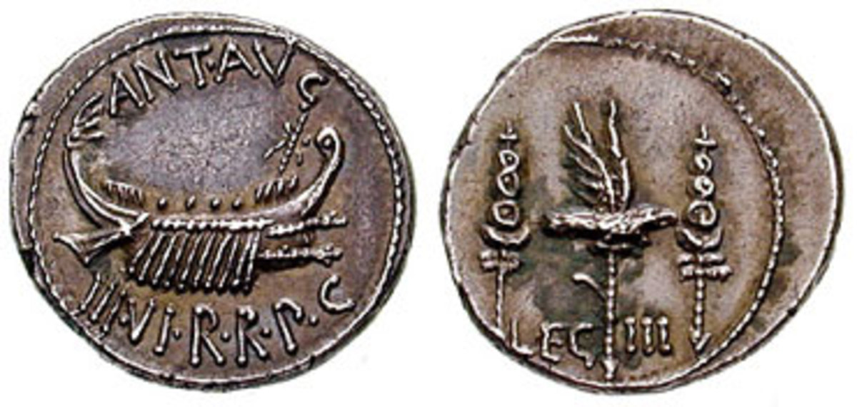 Standard of the Third Legion on a coin minted by Mark Antony