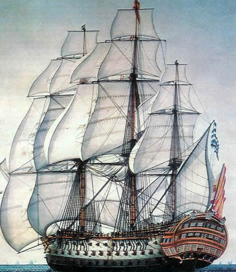 The 136 gun Santisima Trinidad, the pride of the Spanish fleet.