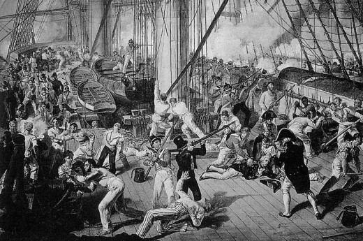 A painting capturing the moment a French sharpshooter fatally wounded Admiral Nelson.