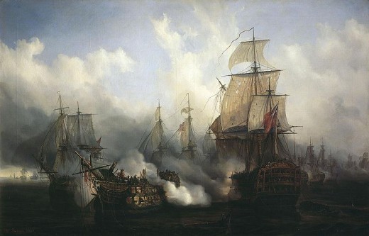 The French ship, Bucentaure engaging British ships at Trafalgar.
