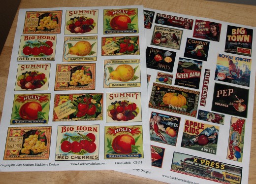 Sheets of decoupage paper on which fruit crate labels and vegetable crate labels are printed.