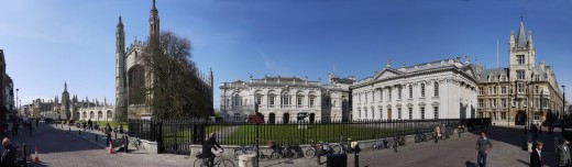 A panoramic view of the King's Parade, Cambridge, UK