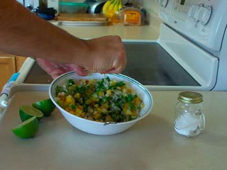 Combine fresh grilled pineapple, 1/2 bunch cilantro, 1 cup onion, 2 to 6 limes (juiced), and salt to taste.