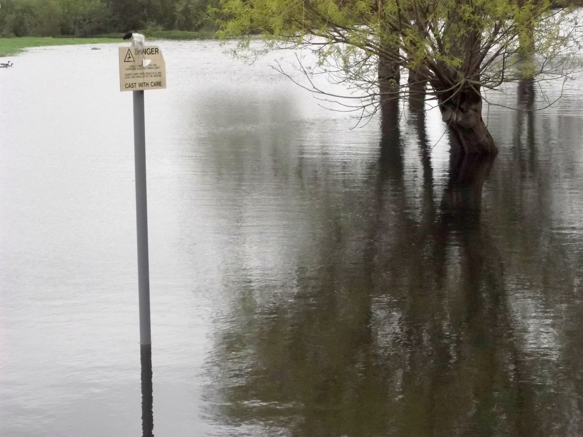 The sign is under several feet of water