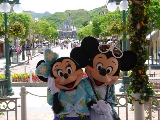 Mickey and Minnie Mouse at Disneyland in California.