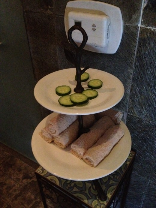 Cucumbers and a warm face towel are nice treatments available in the sauna area. 
