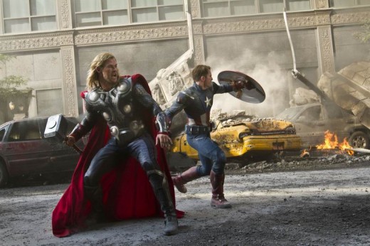 Chris Hemsworth and Chris Evans in The Avengers (2012)