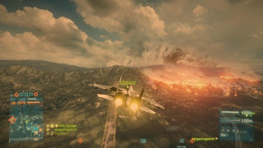 A picture I took in-game whilst airborne in one of the jets in Battlefield 3. In the distance you can see a huge amount of burning tress, which are just some of the amazing graphical features of this game. 