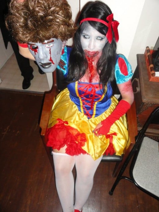 Me as Zombie Snow White with her Prince Charming's decapitated head, Halloween 2010