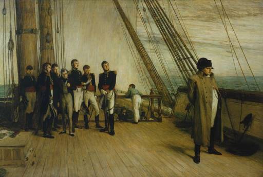 Napoleon staring out to sea, while the British officers look on out of curiosity. 