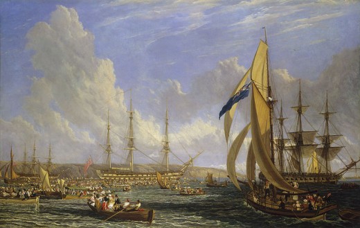 HMS Bellerophon and Napoleon spent a short time in Plymouth, England. Whilst there, crowds of locals rushed out in small boats, hoping to catch a glimpse of the man who had once ruled Europe.