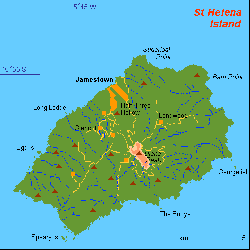 A map of St. Helena, including the location of Longwood, Napoleon's residence.