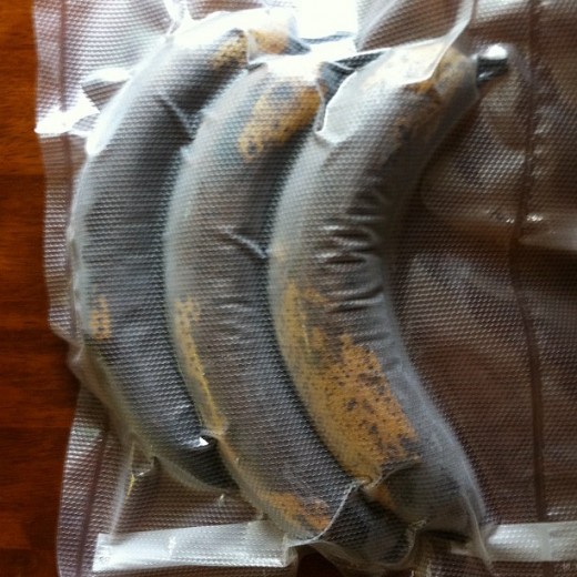 Bananas that have been sealed with a Food Saver and then deep frozen.