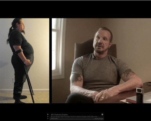 Arthur Boorman left side: Before picture from video below of a disabled vet that lost 100 pounds in 6 months and 140 pounds in 10 months. His yoga teacher on the right.