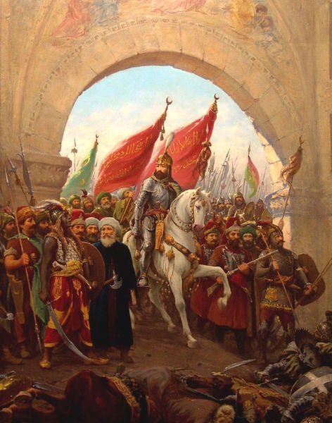 Sultan Mehmed II entering Constantinople on the 29th May 1453. Among the 4000 dead was the last Byzantine or Roman Emperor, Constantine XI.