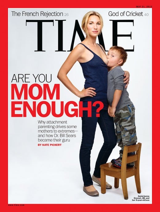 Cover of Time Magazine, May 21, 2012 about attachment parenting. Jamie Lynne Grumet, 26, with her 3 year old son.