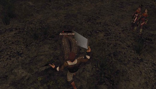 Risen 2 Defeat the Alligator - the key is to flank the large reptile so that the hero can attack from the side and not from the front 
