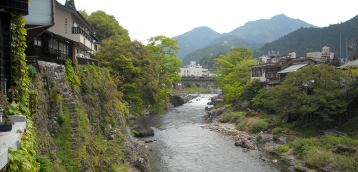 View of the Nagara River in downtown Gujo City, Gifu.