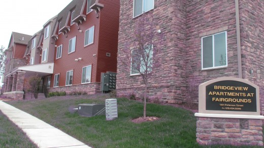 Front of Bridgeview Apartments at the  Fairgrounds for Senior Citizens. 