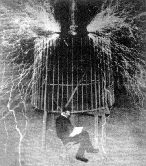 This now famous photo shows Tesla safe in an experiment of his own design, proving that handling huge voltages was safe provided you do it correctly. This act in some ways was to disprove what Edison claimed.