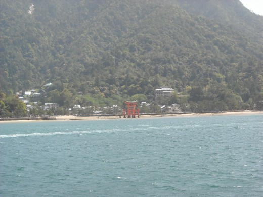 View of Itsukushima Shrine from a ferry.