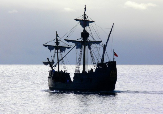 A galleon on the ocean.