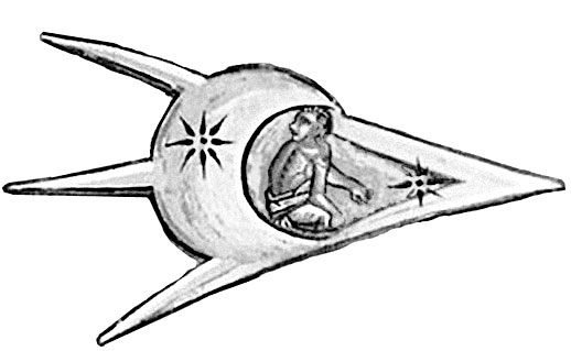 Medieval drawing of spaceship with alien pilot