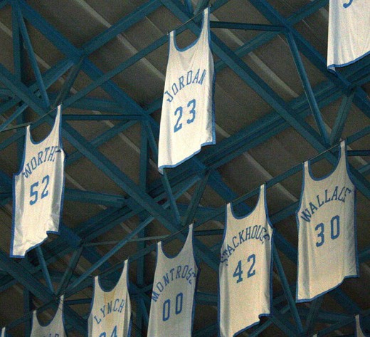Jordan's jersey hanging from the rafters in North Carolina