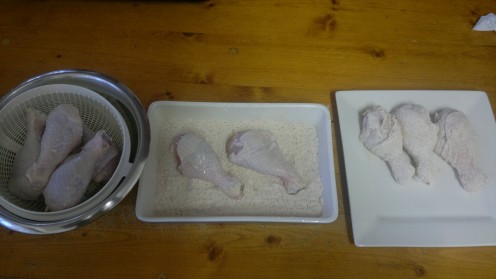 Drain chicken and coat in flour mix.
