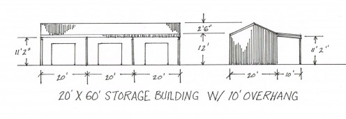 Storage buildings are typically designed for approach from one side. The access side may be completely open, or will have a roll-up door at each bay. Many storage buildings have an overhang to provide additional parking.
