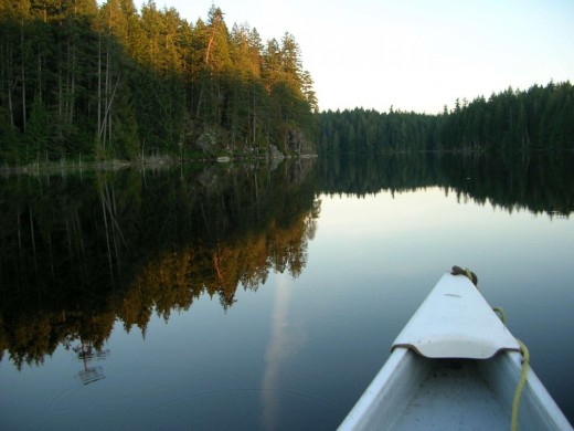 Unruffled clarity: a still summer night on Rosen Lake, British Columbia Rockies, British Columbia, Canada.