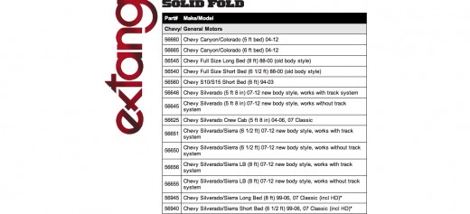 Extang Solid Fold tonneau cover application listing for Chevy. Notice the notes about working with or not working with a track system. Does your Chevy have a track system, do you even know what Extang is talking about?