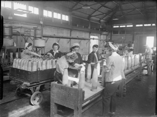 Women working in the shell-painting room at the Royal Naval Armament Depot