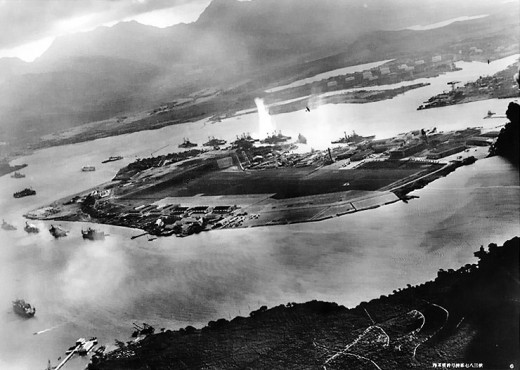 Attack on Pearl Harbor, view from a  Japanese plane.